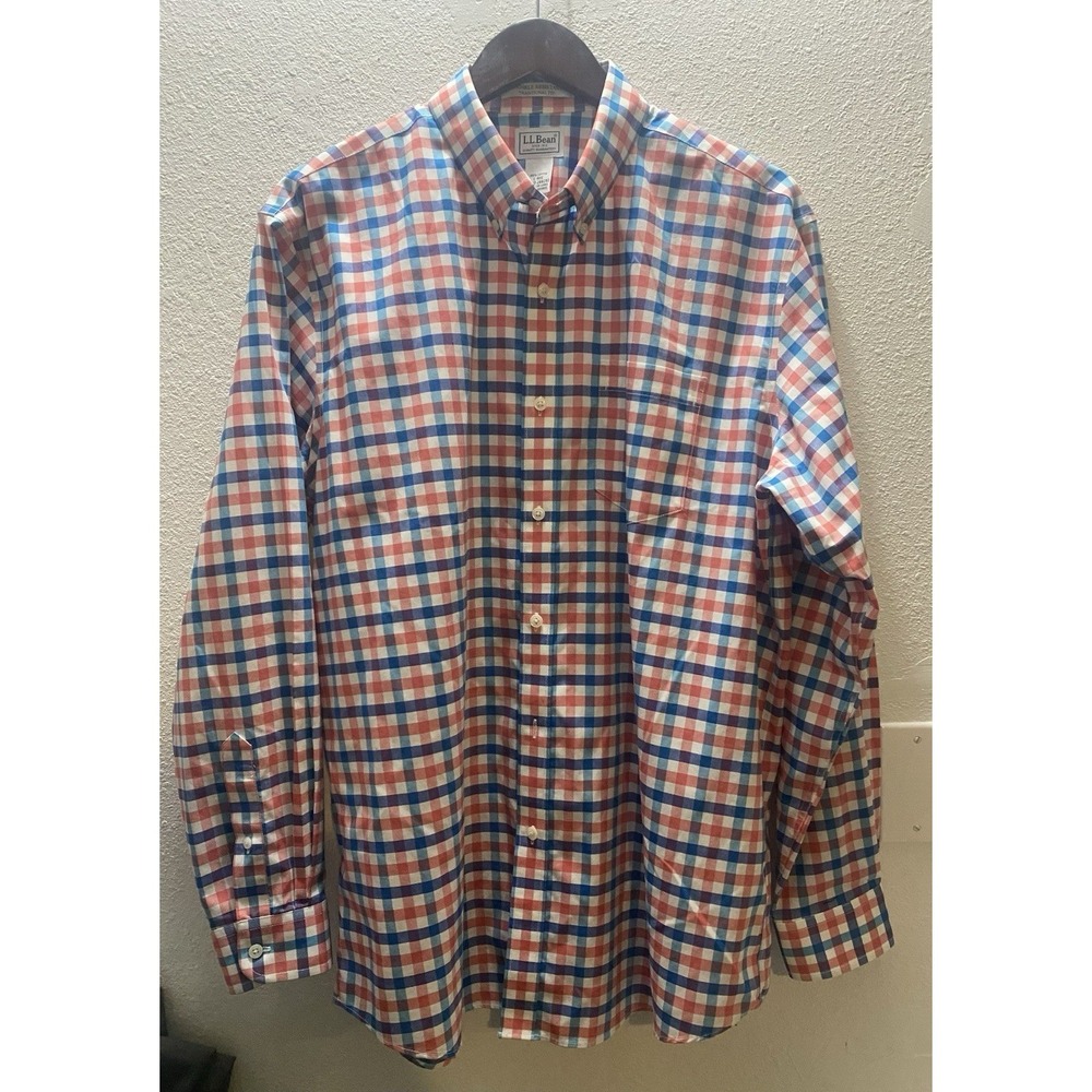 LL Bean Button Down Shirt Mens L Blue Orange Gingham Excellent Wrinkle Resistant